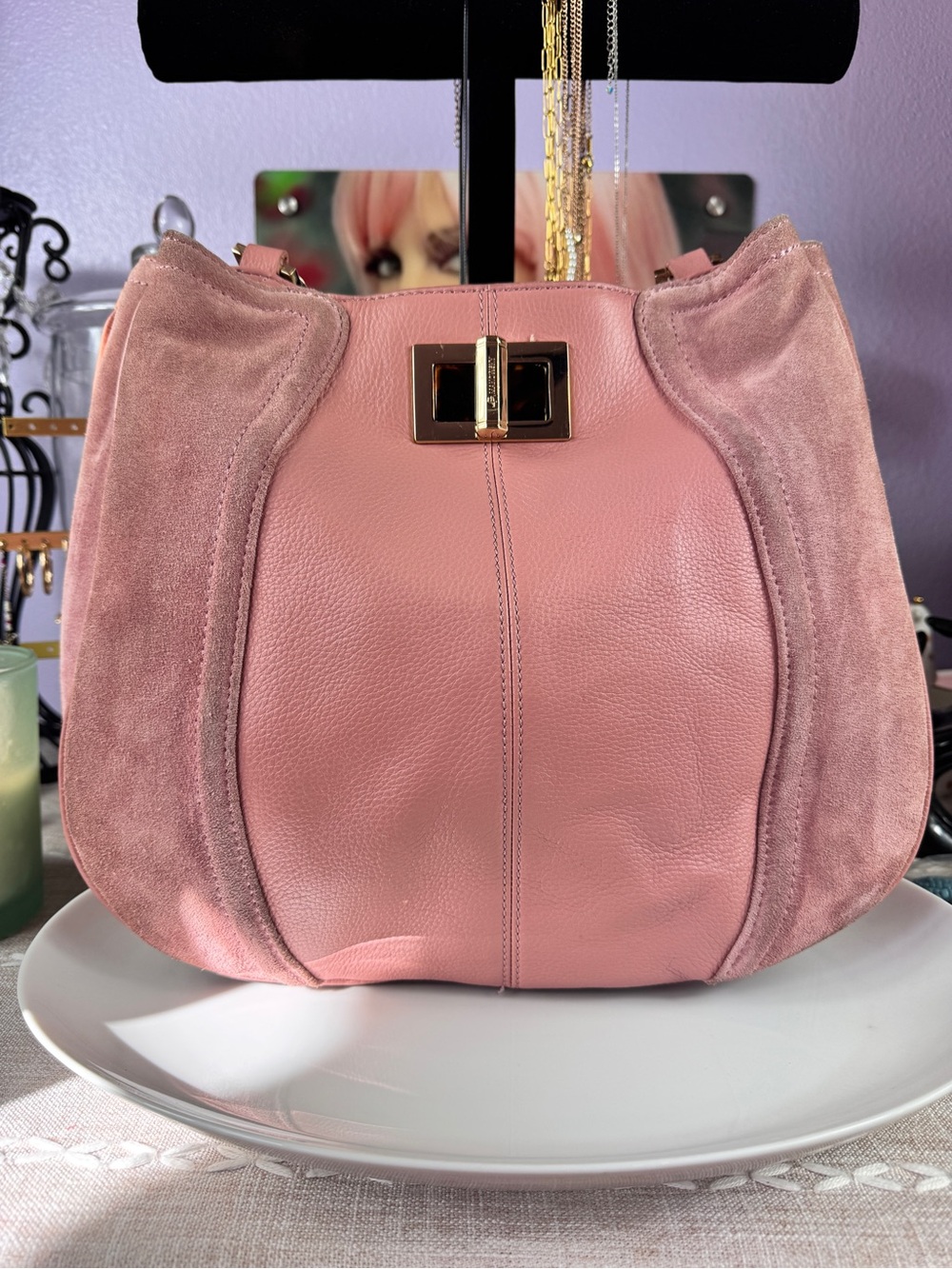b. makowsky Dusty Pink Leather & Suede Shoulder Bag with Gold Turn-Lock